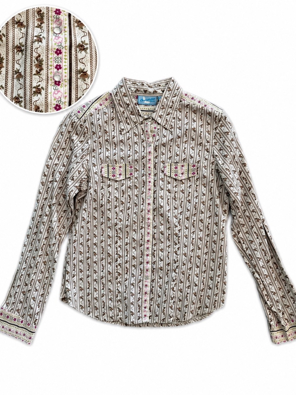 Y2K Overdrive Junior Cotton Western Shirt Floral Stripe Pearl Snap button down